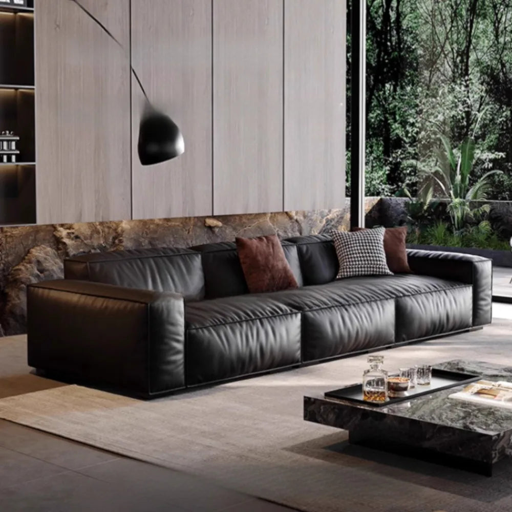 Genuine Leather Sectional Sofa Italian Minimalist Design With Plush Seating — Deep Black | KIMLUD