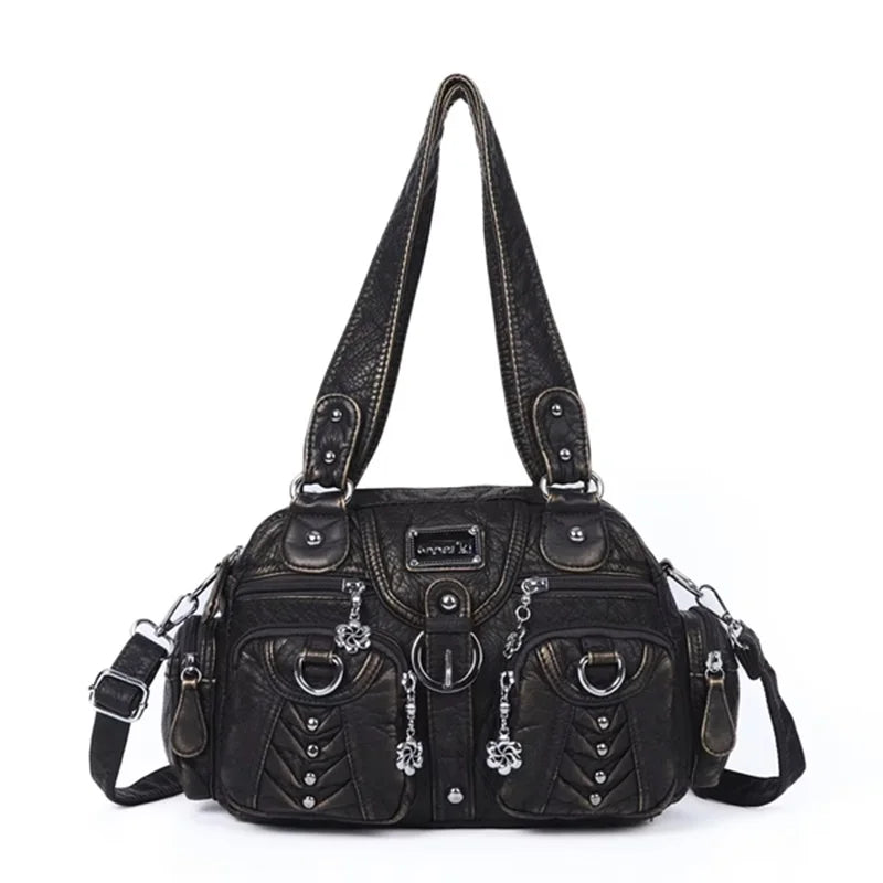 PU Satchel Top-Handle Dumpling Bag — Black | KIMLUD