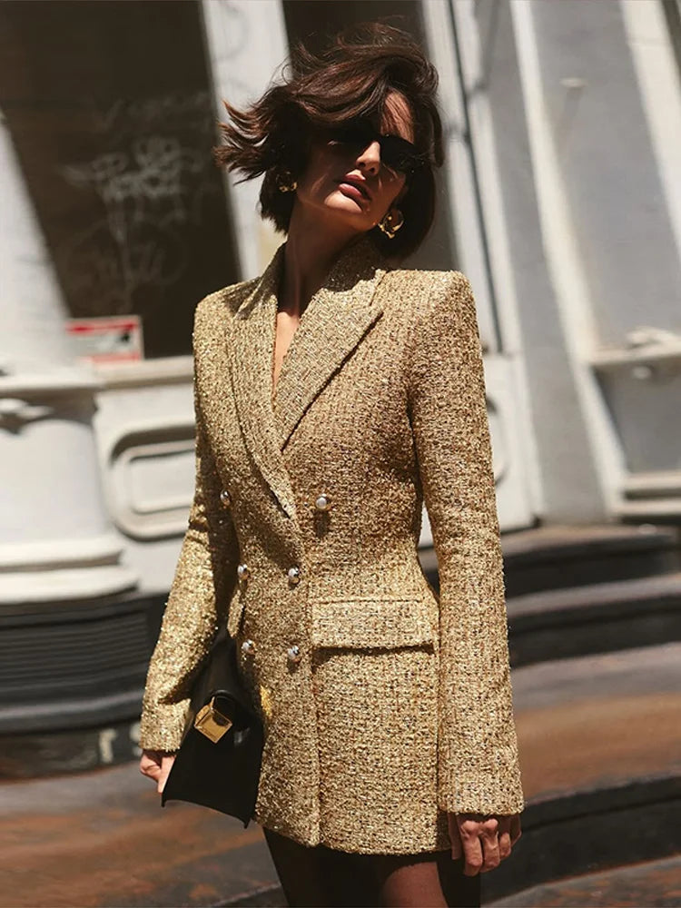 Sequin Paillette Blazer Coat Double Breasted Lapel Silhouette With Shiny Finish — Black | KIMLUD