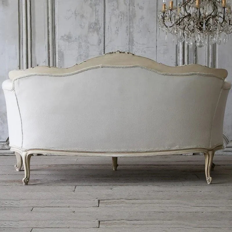 Velvet Sofa Three-Seat Carved Wood — Ivory | KIMLUD