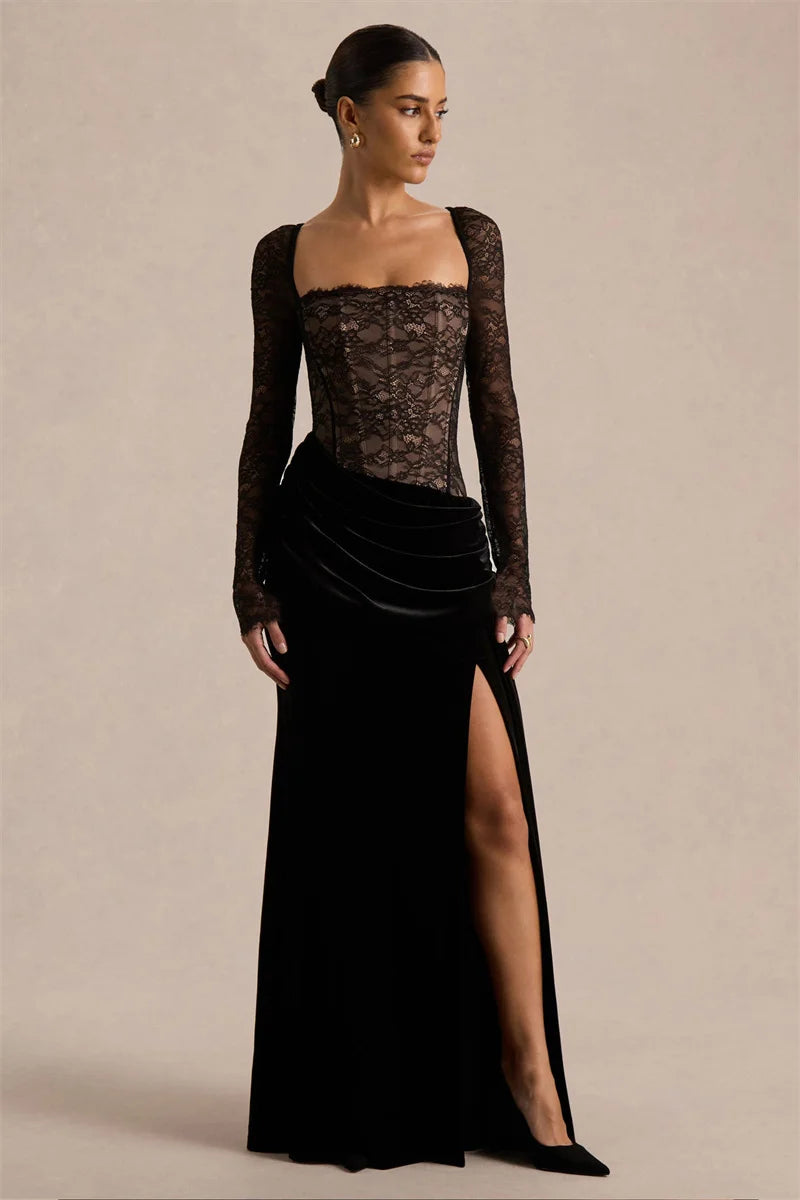Lace Velvet Maxi Dress Square-Neck See-Through Backless — Black | KIMLUD