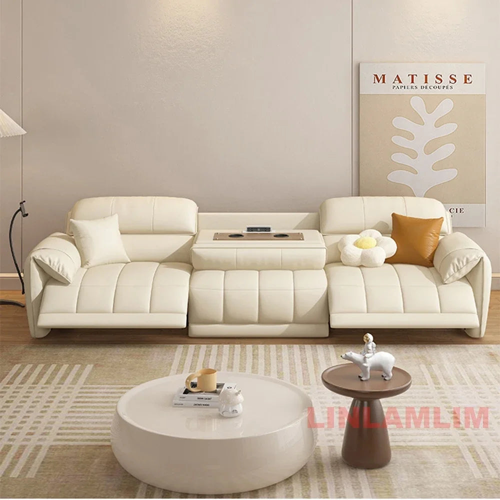 Italian Genuine Leather Electric Reclining Sofa With Adjustable Footrest USB And Foldable Center Console — Caramel Tan | KIMLUD