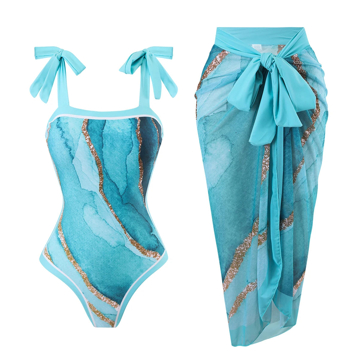 Printed One-Piece Swimsuit With Gauze Skirt — Multicolor | KIMLUD