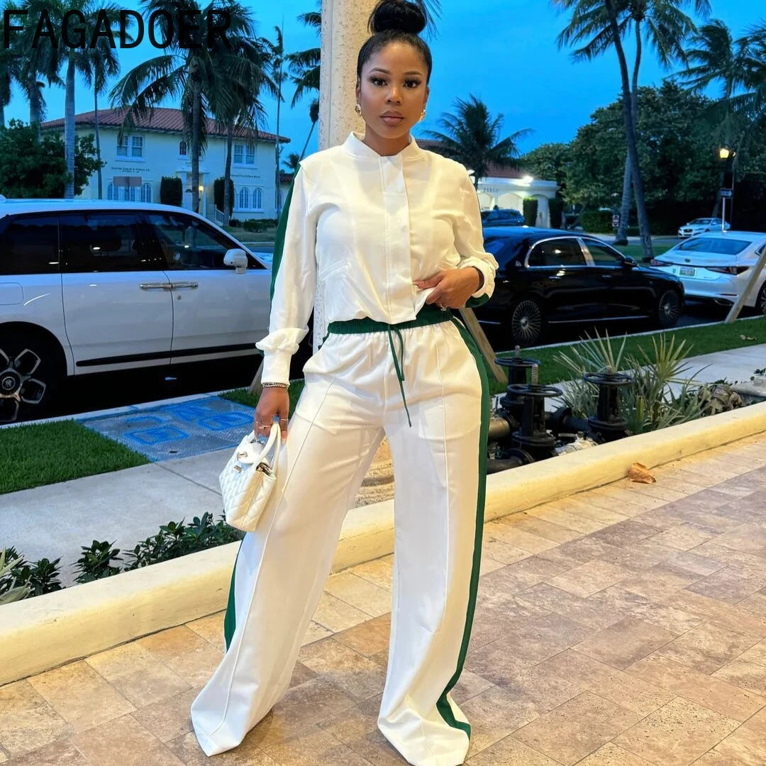 Two-Piece Polyester Spandex Set Crop Top And Long Pants — White | KIMLUD