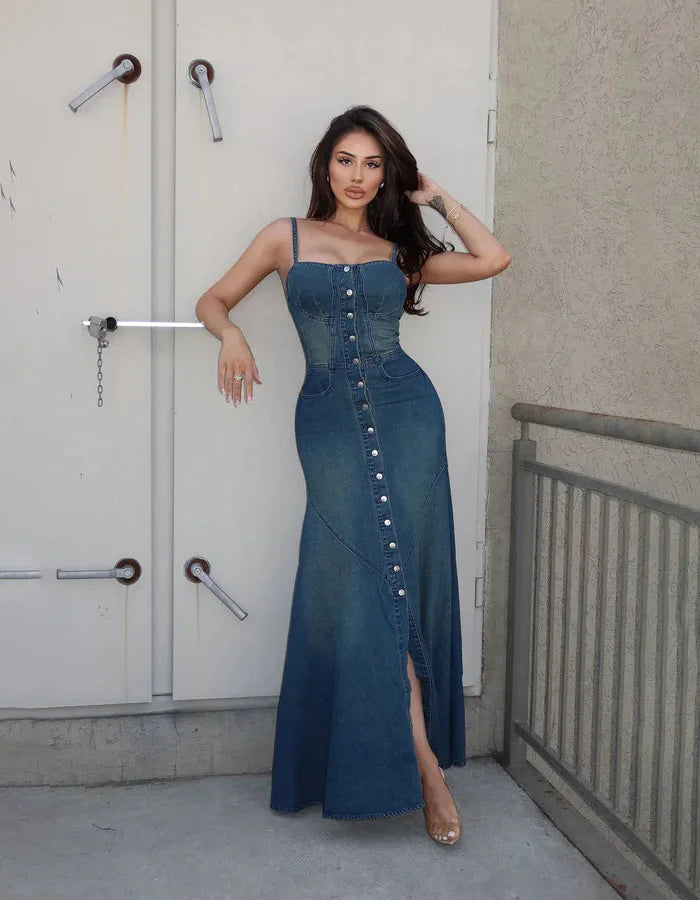 Denim-Inspired Polyester Long Dress Strapless A-Line Silhouette With Sculpted Draping — Blue | KIMLUD