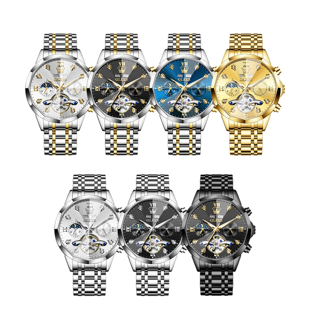 OLEVS Original Brand Men's Watches Skeleton Luminous Moon Phase Automatic Mechanical Watch Prism Mirror Fashion Top Wristwatch