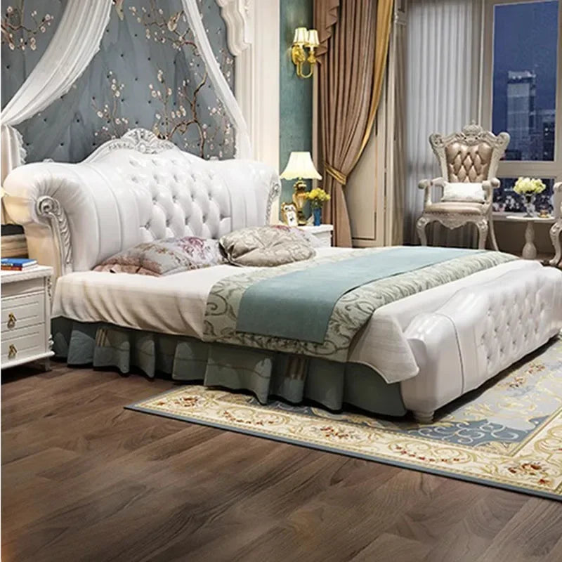 Wood Modern Leather Bed European Style With Contoured Frame And Plush Upholstery — Cream Ivory | KIMLUD