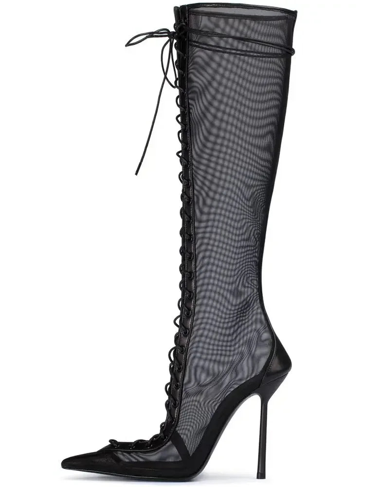 Mesh Leopard Cross Tie Knee-High Boots — Gray | KIMLUD