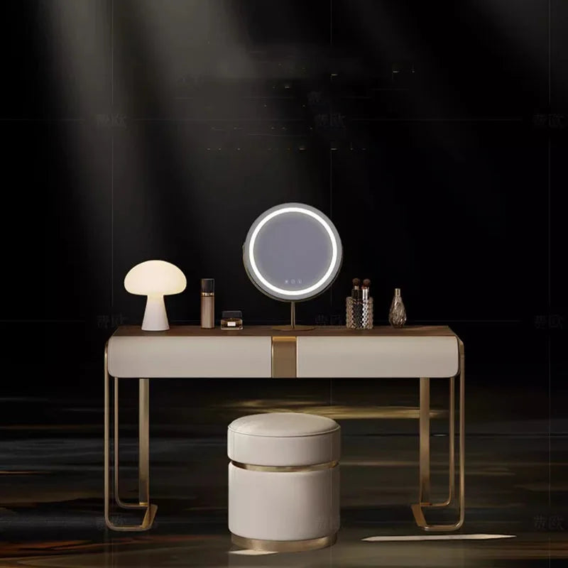 European Minimalist Dressing Table Mirror With LED Ring And Five Drawers — Champagne Beige | KIMLUD