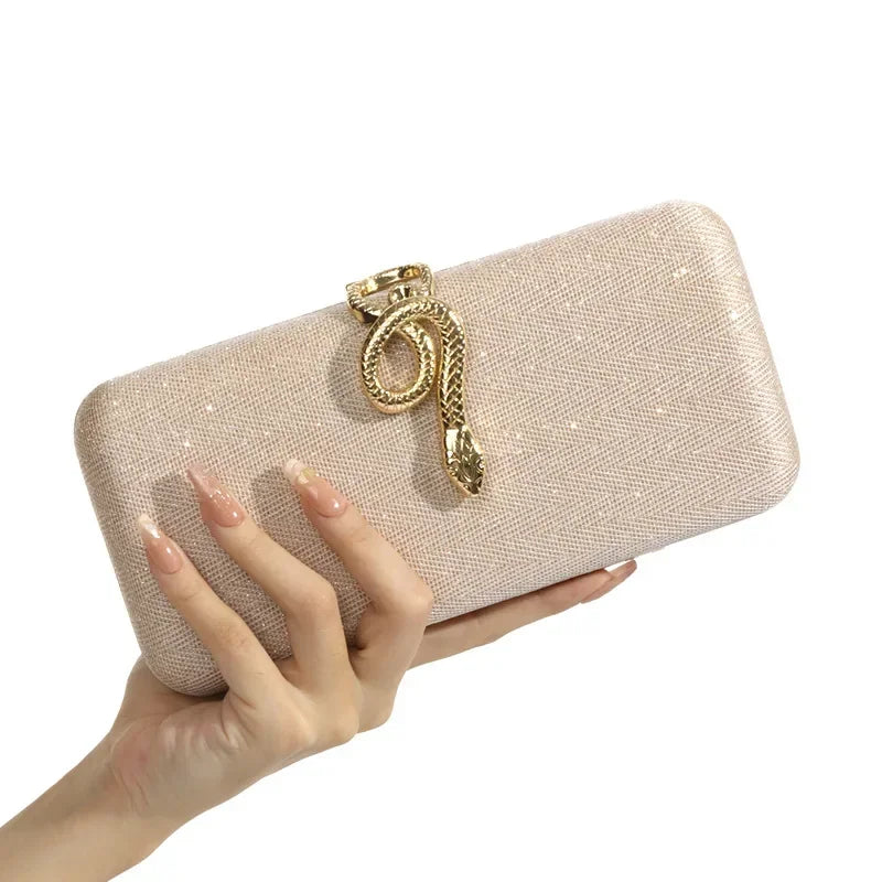 Snake Buckle Satin Evening Purse Sparkling Crystal Embellished — Champagne Pink | KIMLUD