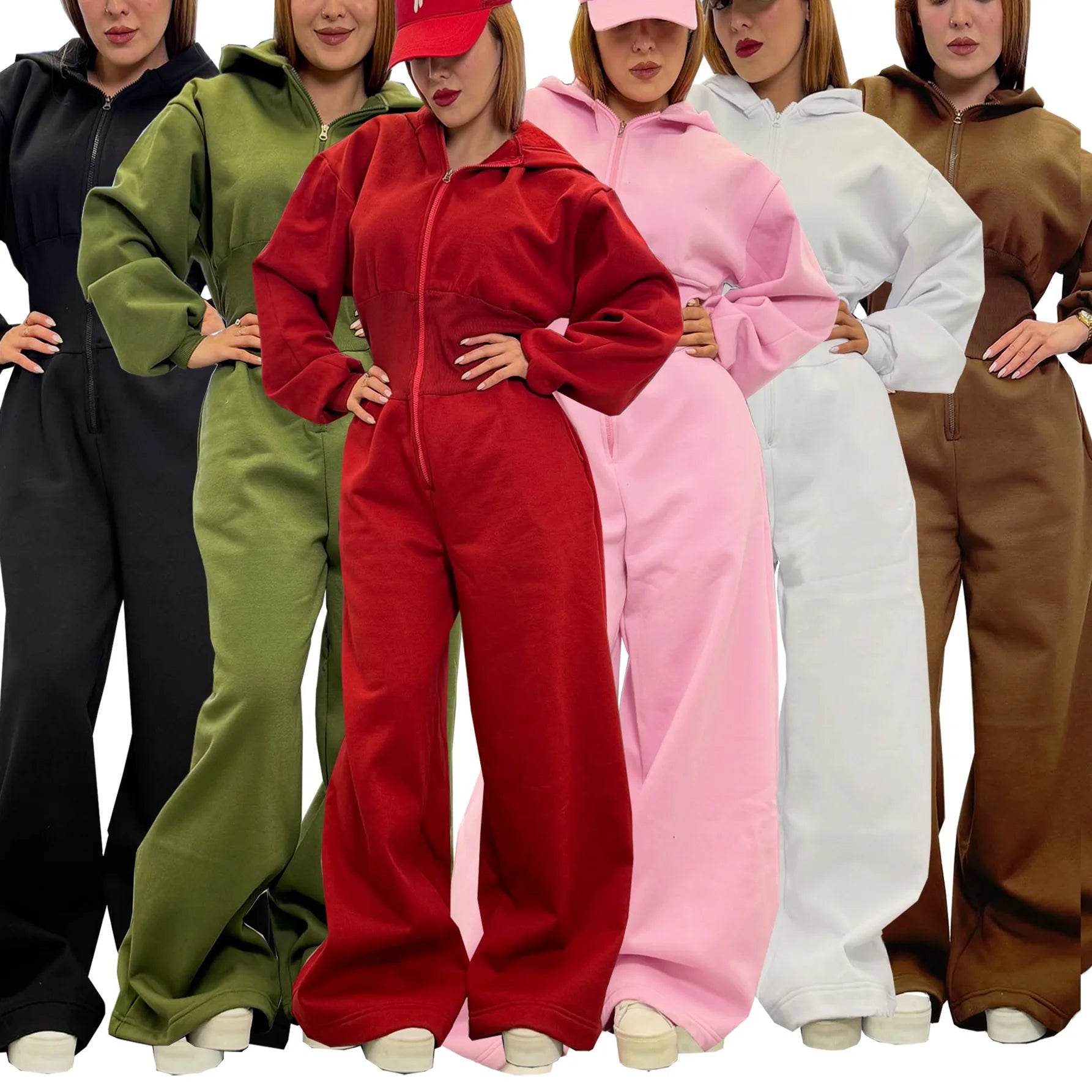 Women's Hooded Zipper Elastic Waist Jumpsuit Long Pants Sports Casual Solid Color Comfortable Casual Cross-Border Style