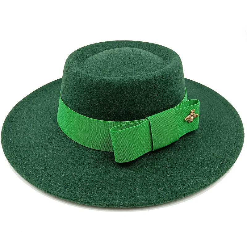 Wholesale Fedora hats Winter round concave convex surface flat top bow elastic ribbon men&#39;s and women&#39;s felt jazz hats Fedora - KIMLUD