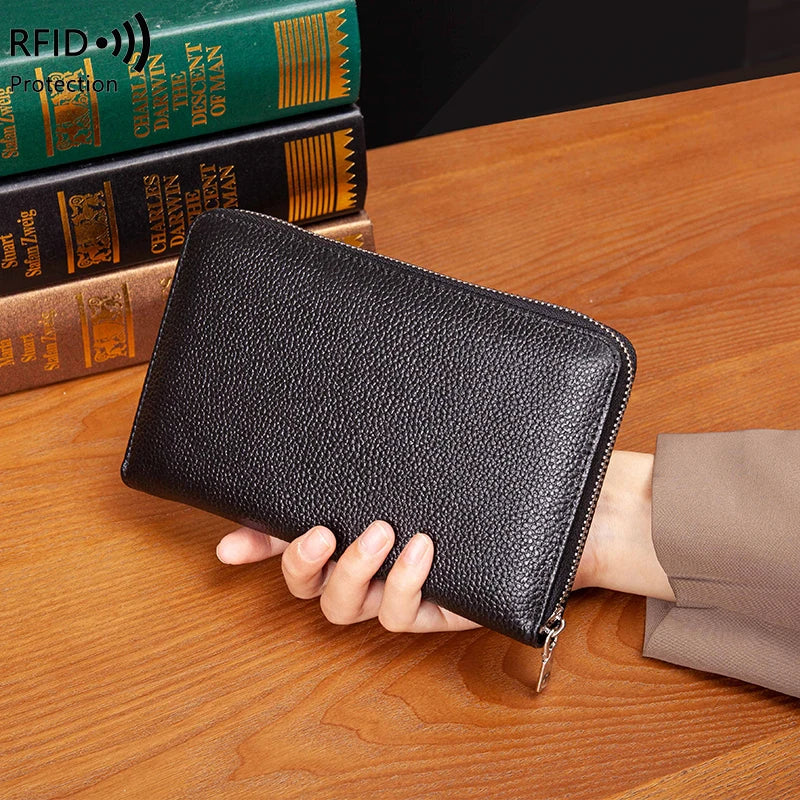 RFID Anti-Theft Cowhide Leather Wallet — Long Passbook Card Slots Black | KIMLUD