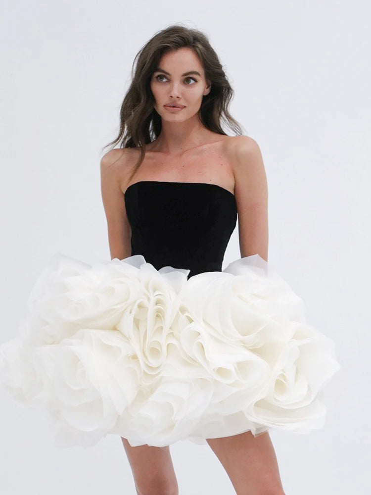 VC Black and White Ruffled Short Dress Tube Velvet Top Sleeveless Open Back 3D Structured Flowers Cocktail Party Mini Ball Gown