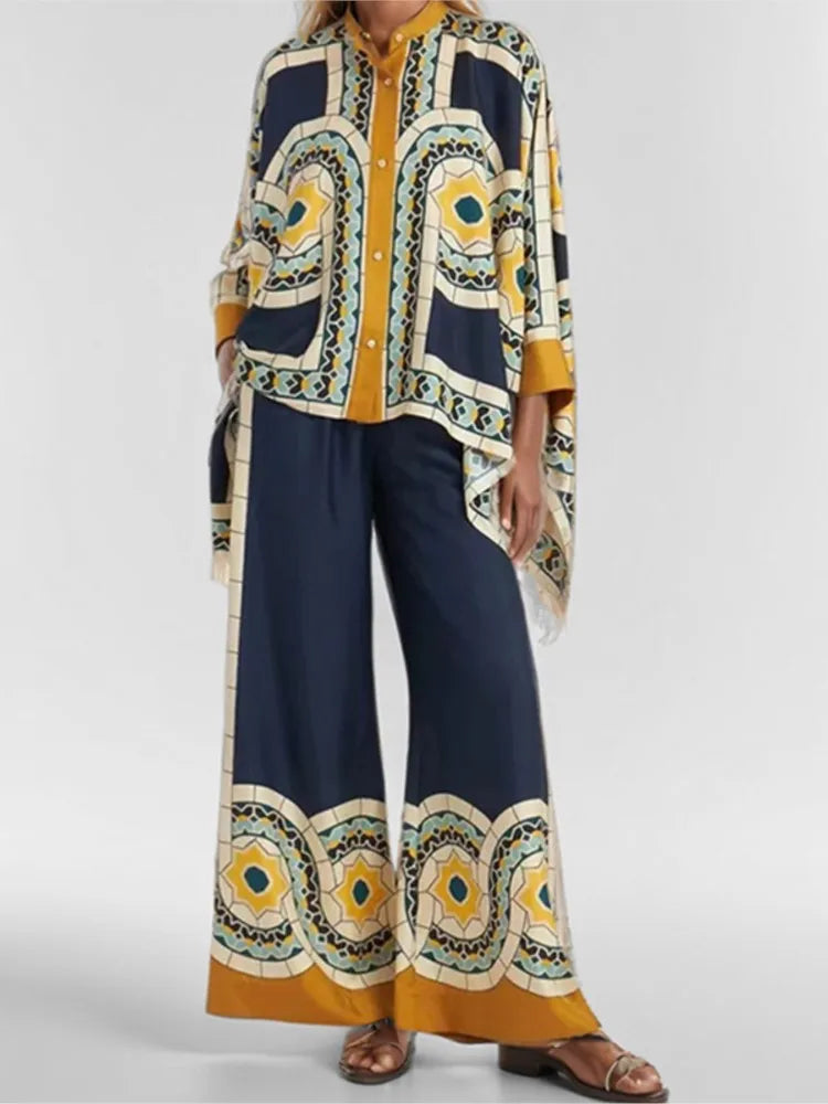Two Piece Set – Irregular Geometric Print – Wide Leg – | KIMLUD