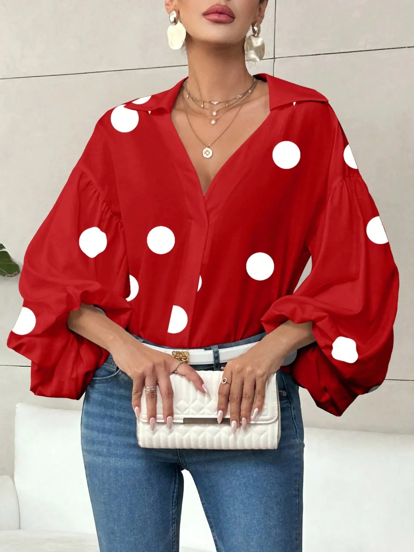 Boho Puff Sleeve Polka Dot Blouse — White | KIMLUD