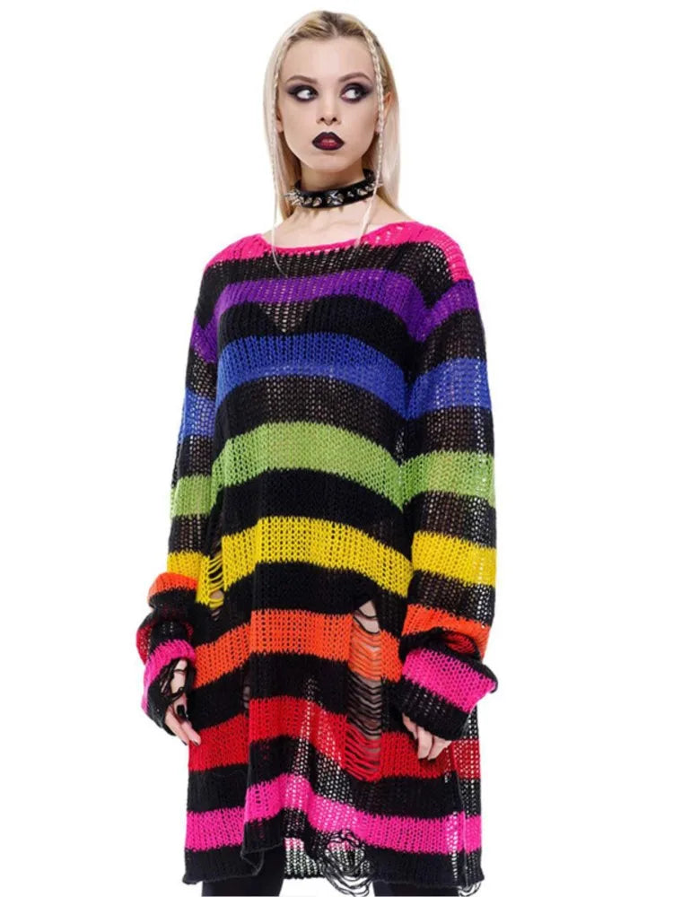 Sweater – Rainbow Gradient Stripes – Knit – Loose | KIMLUD
