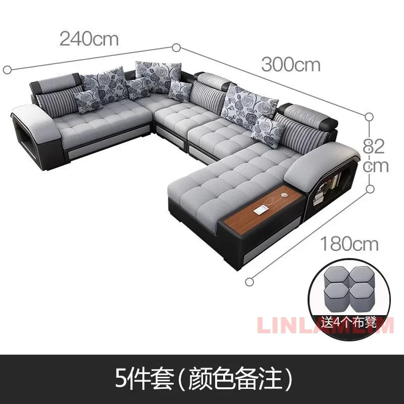 U-Shaped Sectional Fabric Sofa With Storage And Built-In Side Table — Gray | KIMLUD