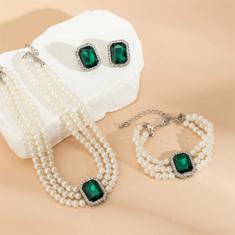 3Pcs/Set Three-Layer Pearl Necklace Earrings Bracelet Emerald Pearl Chokers Women Elegant Clavicle Chain Fashion Party Jewelry