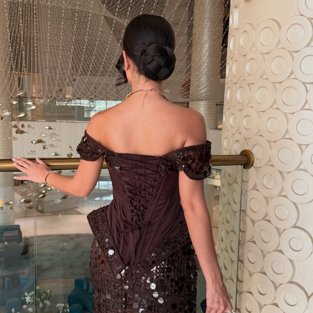 Cocktail Dress – Off-Shoulder Corset Peplum – Sequin – Brown | KIMLUD