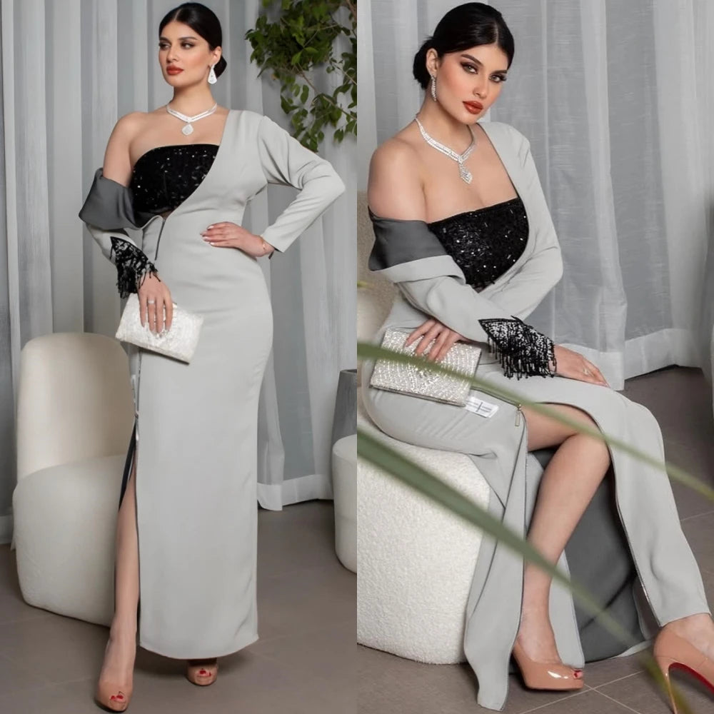 Jersey Evening Dress Beaded Square Collar Long Sleeves — Soft Dove Grey | KIMLUD