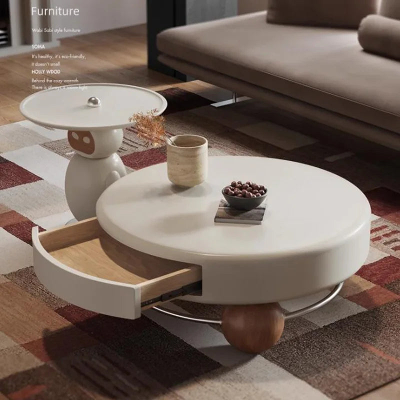 Wood Modern Round Coffee Table With Storage — Ivory | KIMLUD