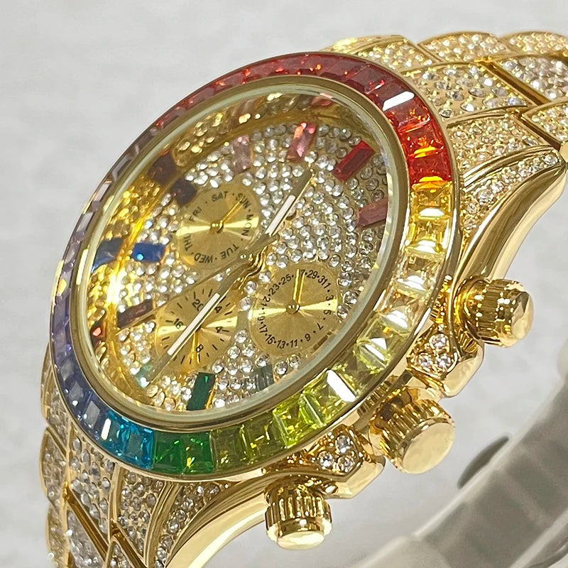 Stainless Steel Smartwatch Hip Hop Rainbow Pavé Diamonds — Gold | KIMLUD