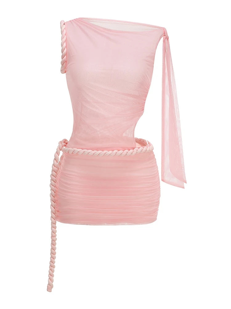 Dresses – See-Through Mesh Dress – Polyester – Pink | KIMLUD