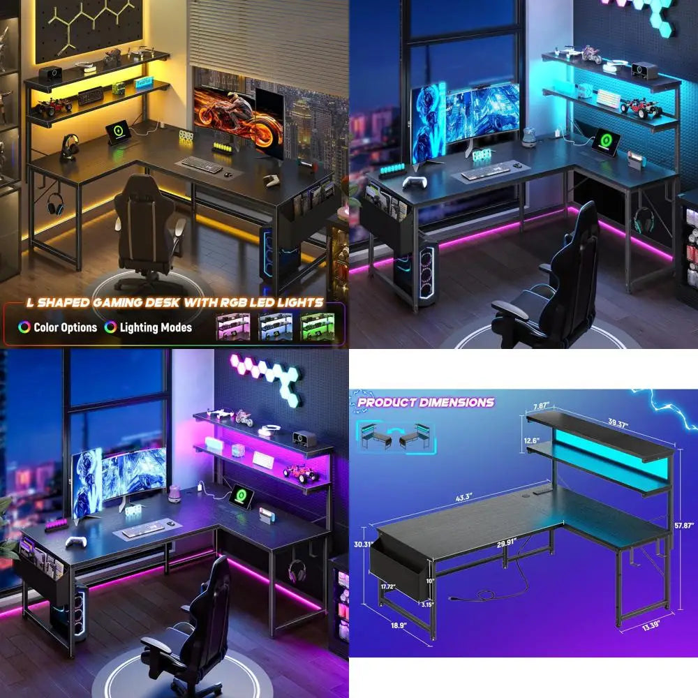 LED-lit 43.3 L-Shaped Gaming Desk with Power Outlet, Storage, and Hook for Home or Office