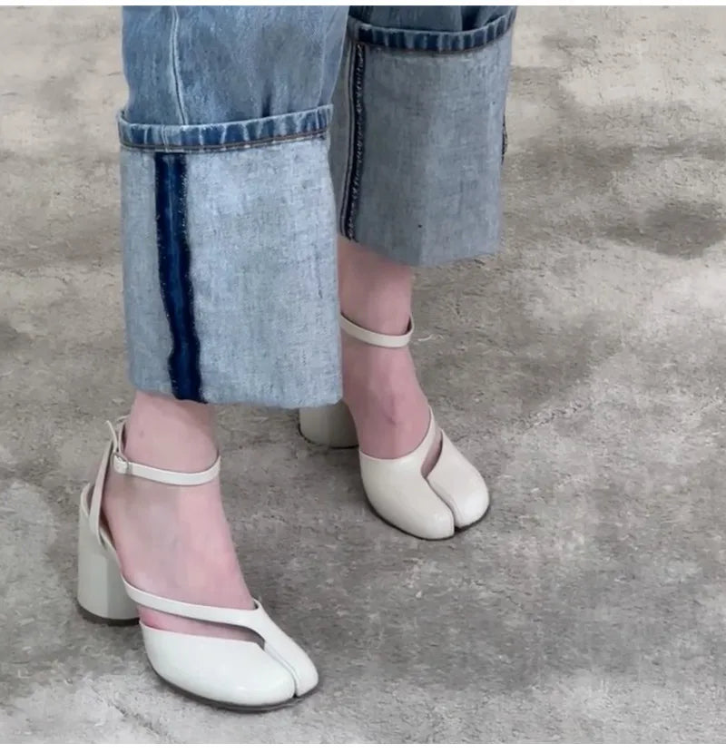 Ins style Fashion Patent Leather Split Toe Women Pumps Spring Summer Thick High heels Slingbacks Female Tabi Chunky Casual Shoes