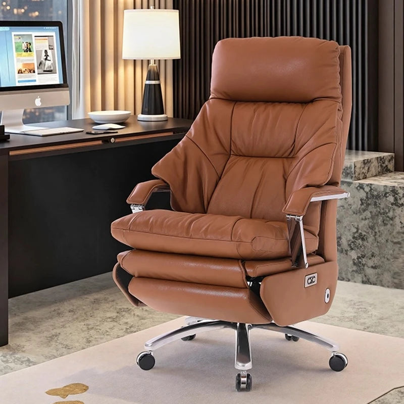 Genuine Leather Massage Chair Swivel Lift Ergonomic Office Chair — Cognac Brown | KIMLUD