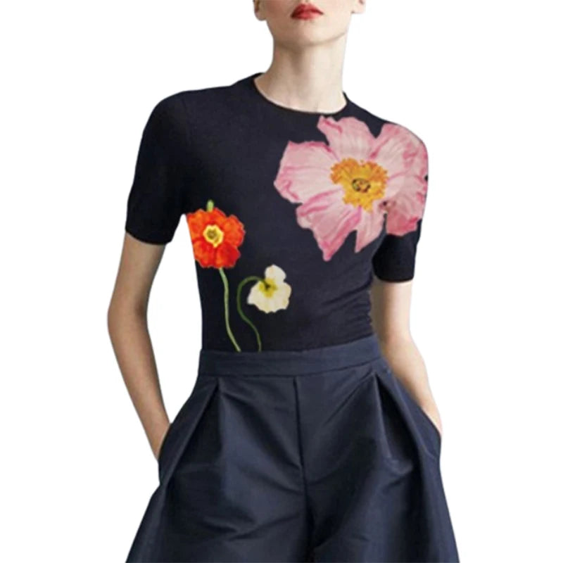 Floral Print T-Shirt – Elegant Design – Cotton | KIMLUD