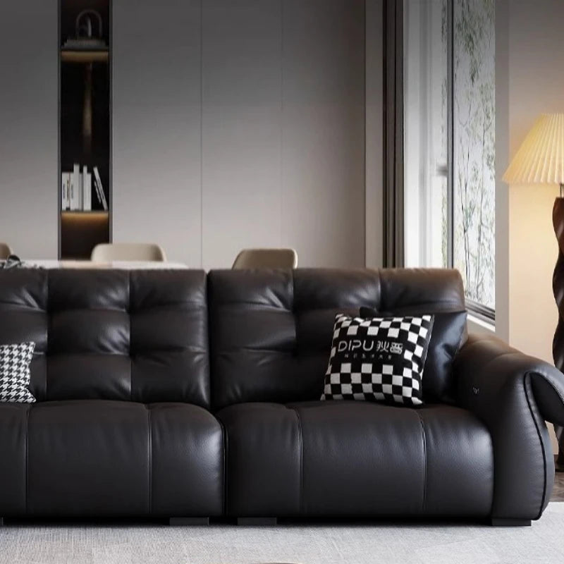 Full-Grain Leather Minimalist Multifunctional Sofa With Sculpted Modular Form — Black | KIMLUD