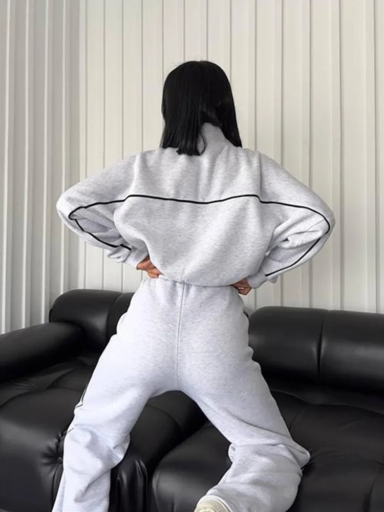 Cotton-Polyester Knit Cardigan Set With Tailored Wide-Leg Trousers — Cream | KIMLUD