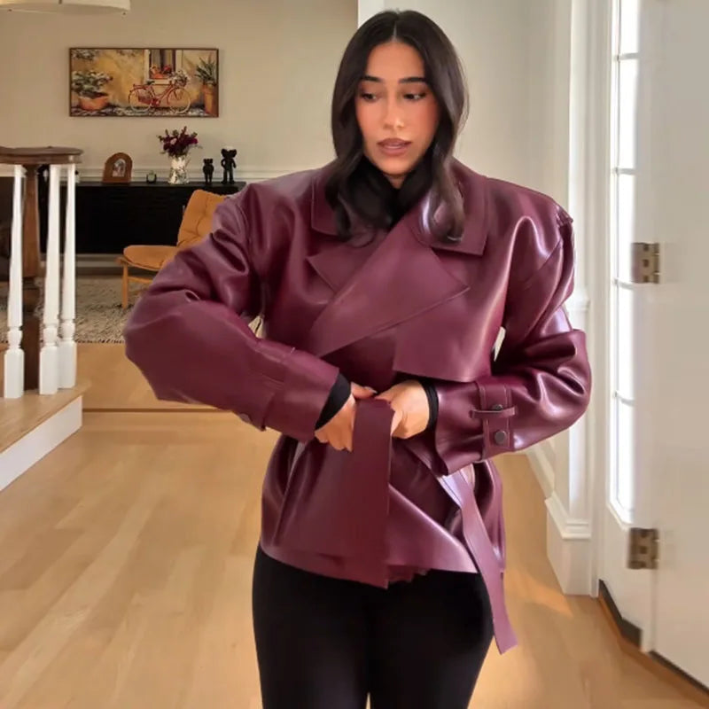Casual Pu Leather Loose Women Jacket Belt Full Sleeve Stand Collar Zippers Female Coat 2026 Spring Autumn Lady Streetwears