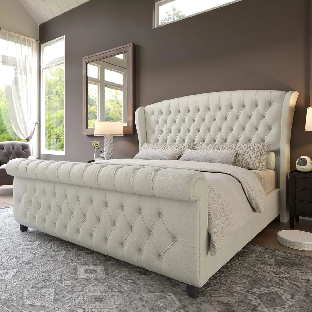 Chenille Upholstered Sleigh Bed Solid — Ivory | KIMLUD