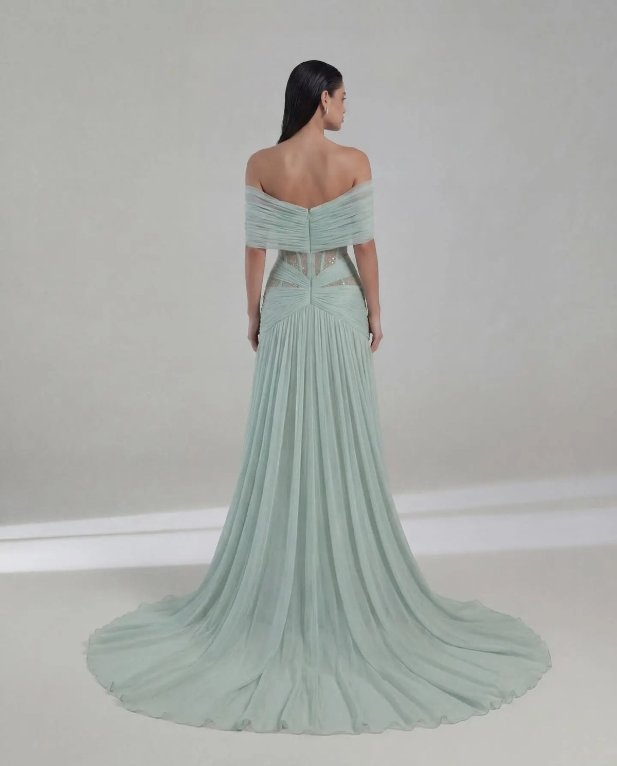 Off-Shoulder Evening Dress – Pleated – Chiffon – Mint Green | KIMLUD