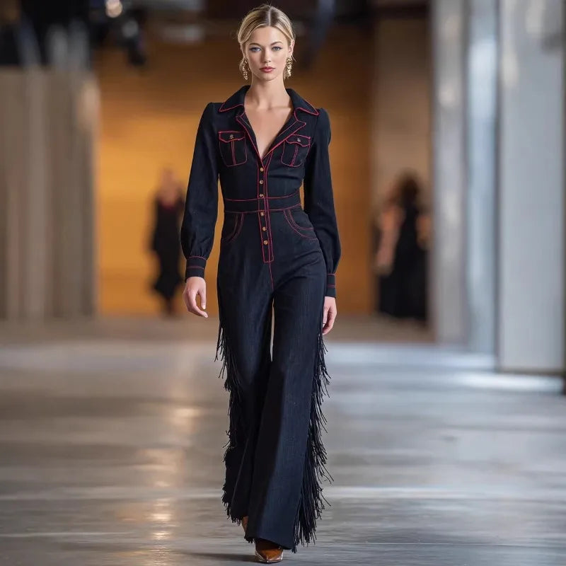 Vintage Fringed Denim Jumpsuit Button Front Deep V-Neck Slim Fit Flare Leg One-Piece for Party & Streetwear Western Style Black