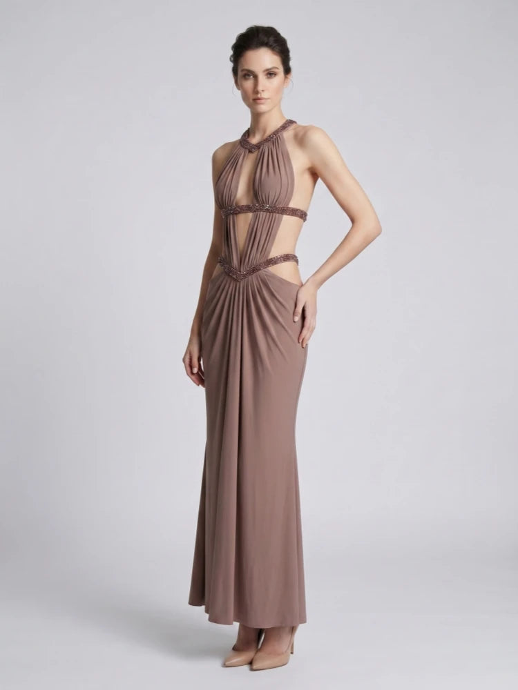 Halter Neck Long Dress – Slim Cutout Backless – Polyester – Brown | KIMLUD