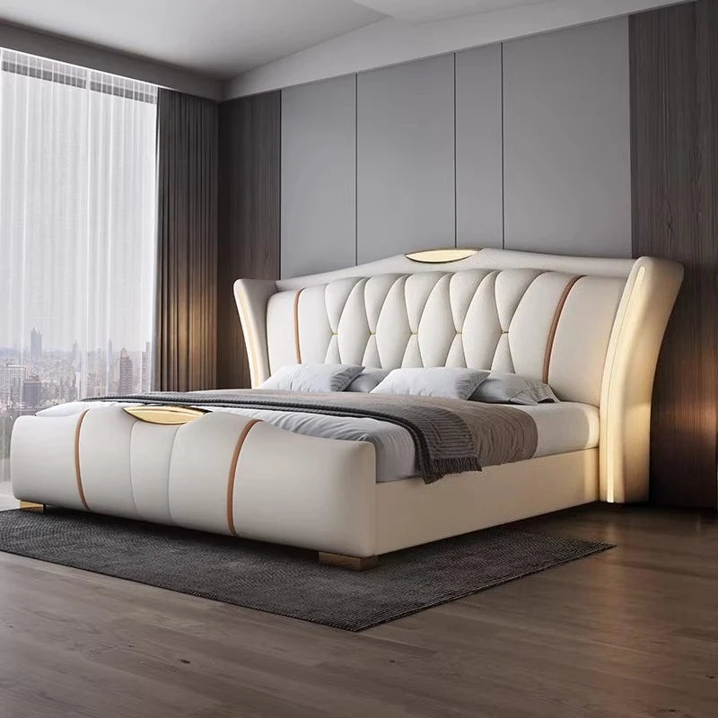 Leather Bed Frame With Lit Headboard — Ivory-Beige | KIMLUD