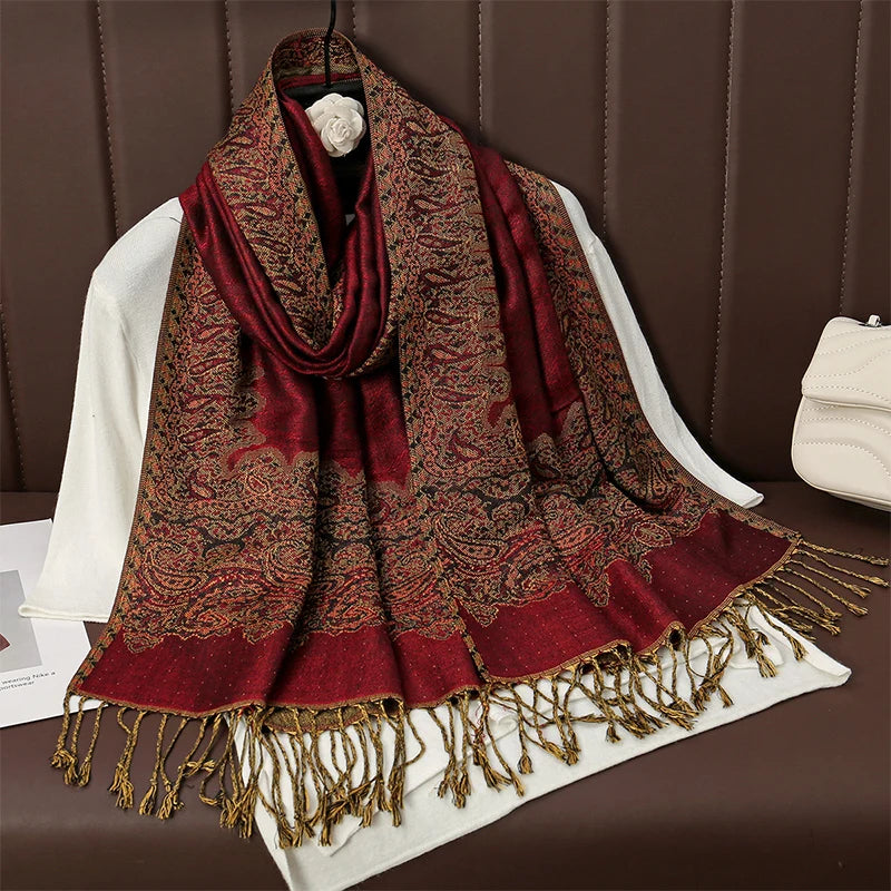 Cashmere Pashmina Shawl With Autumn Print Design, Olive Accents And Gold-Toned Fringe — Red | KIMLUD