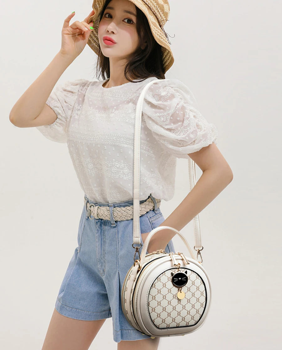 PU Leather Circular Crossbody Bag Sequined Letter — Off-White | KIMLUD
