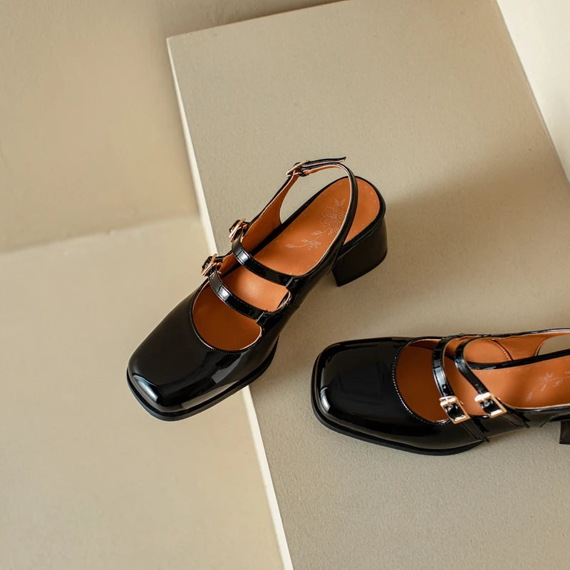 Patent Leather Chunky Mary Jane Pumps Slingback — Black-Silver | KIMLUD