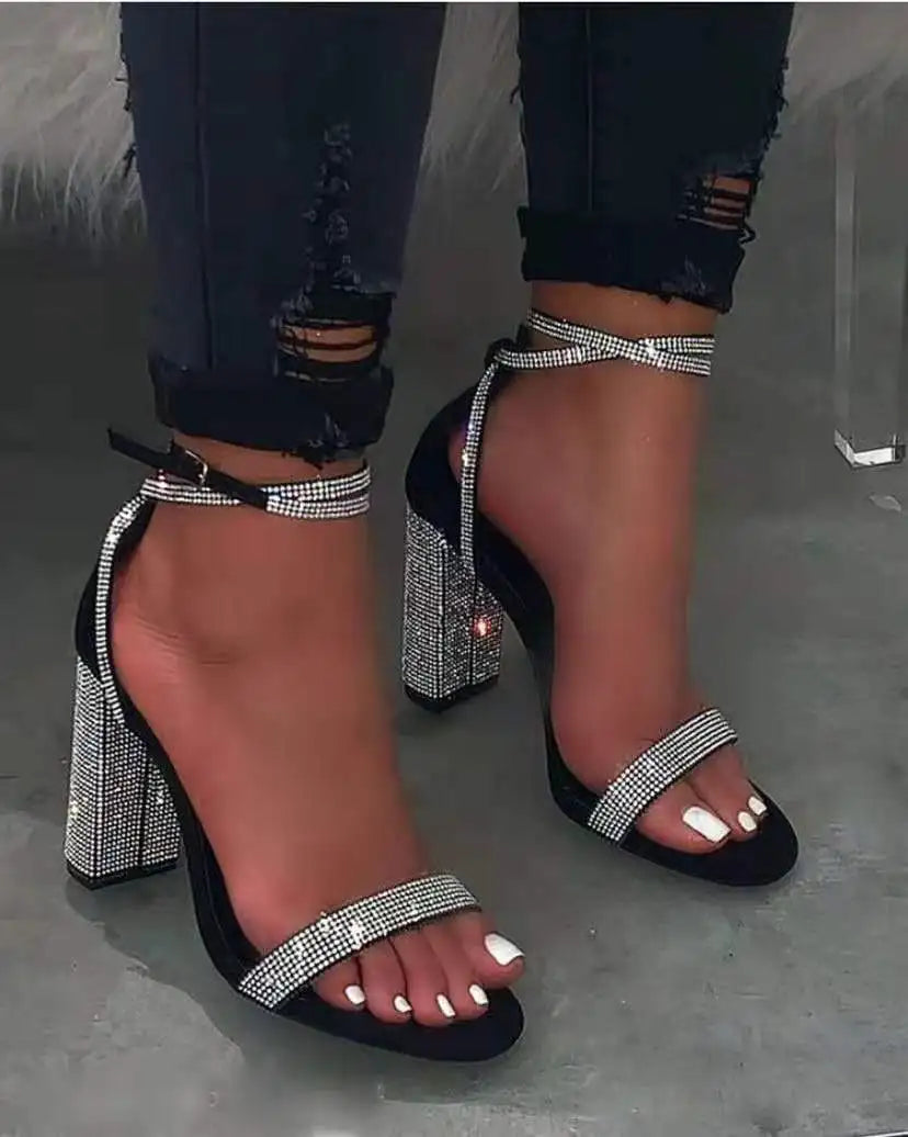 Rhinestone Sandals High Heel Buckle Strap — Silver | KIMLUD