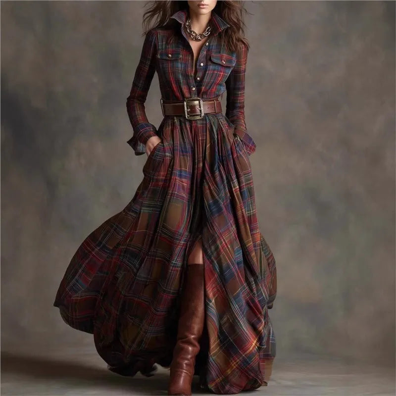 Long Sleeve Shirt Dress – Grid Printed – Jersey – Loose Fit | KIMLUD