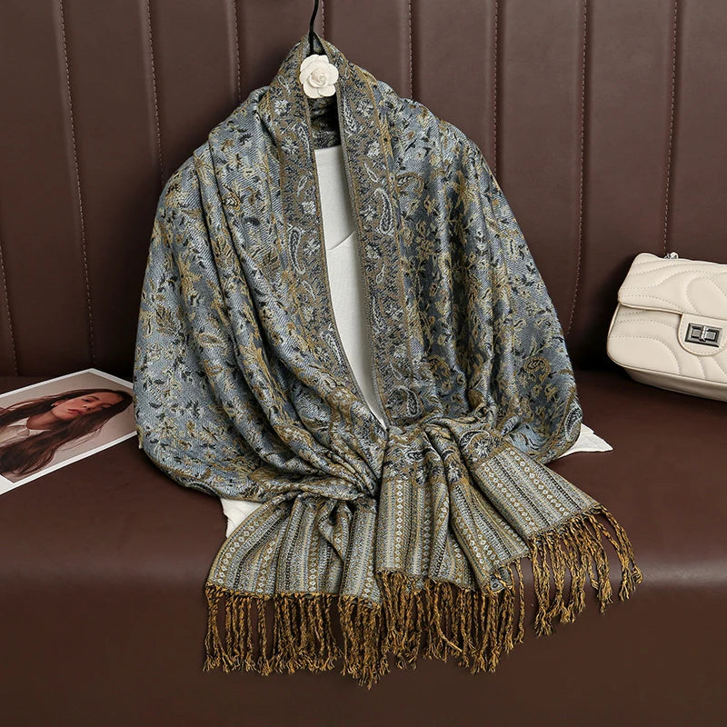 Cashmere Pashmina Shawl With Autumn Print Design, Olive Accents And Gold-Toned Fringe — Red | KIMLUD