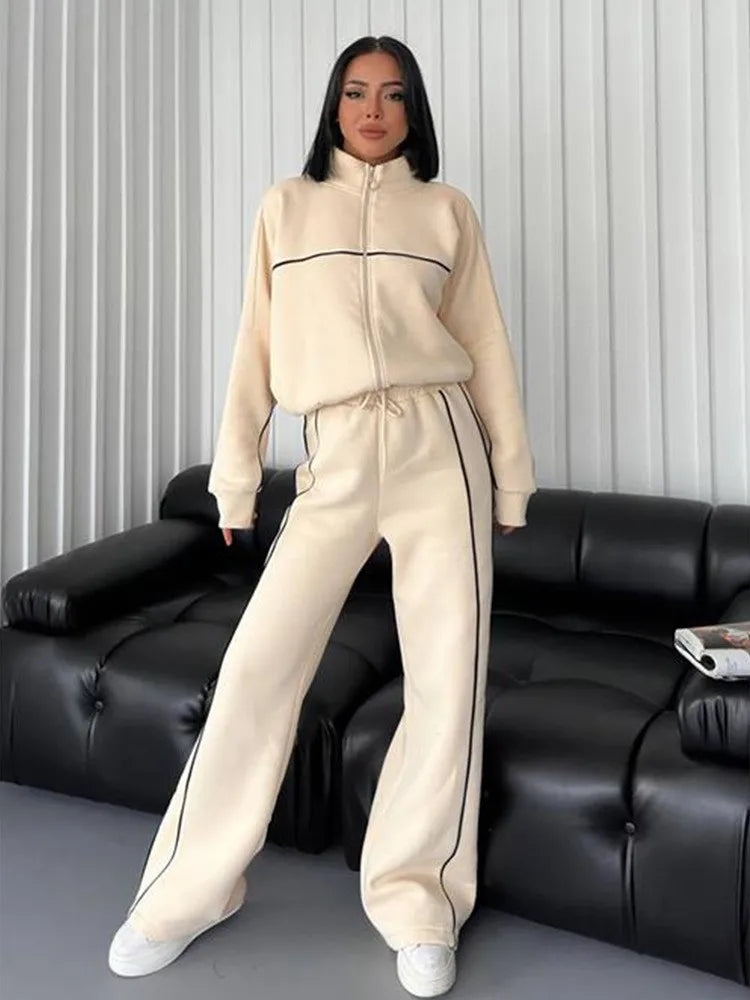 Polyester Two-Piece Set Zipper Coat With Wide-Leg Pants — Charcoal Gray | KIMLUD