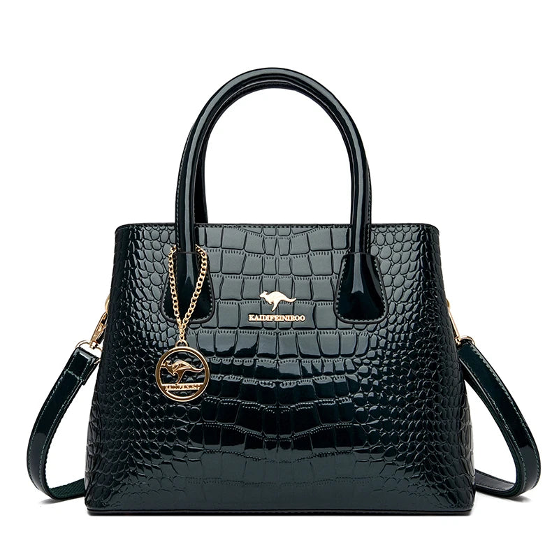 Crocodile Pattern Patent Leather Tote Bag Crossbody Zipper Closure — Black | KIMLUD
