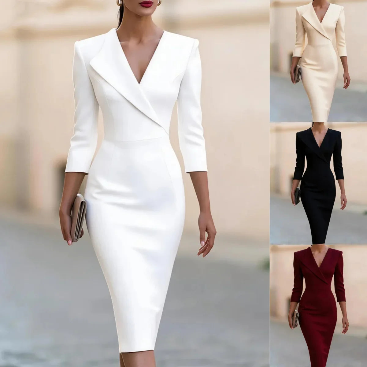 Bodycon Dress – V Neck Three Quarter Sleeve – Polyester Fiber | KIMLUD