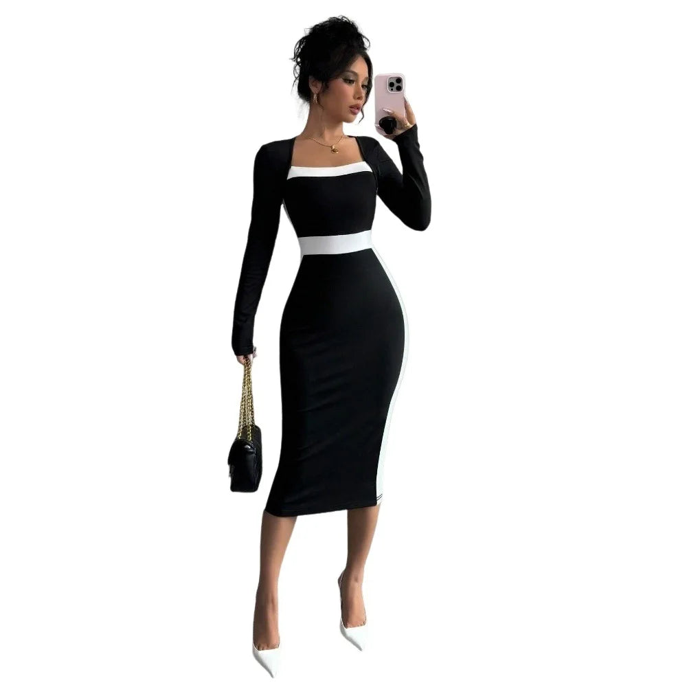 Autumn Winter Sweater Dress for Women 2024 New Arrivals Square Neck High Waist Long Knitted Dress Korean Maxi Dresses - KIMLUD